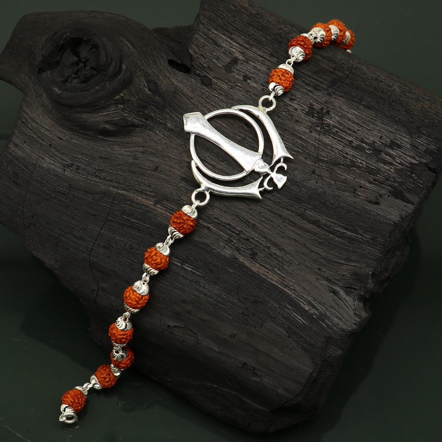 8.5 inches long handmade solid 925 sterling silver khalsa design tulsi beaded Rakhi Bracelet, special personalized Rakshabandhan gift rk14 - TRIBAL ORNAMENTS