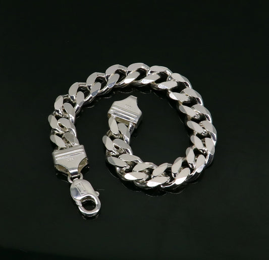 Solid 925 sterling silver men's curb link bracelet by TRIBAL ORNAMENTS, customized, plain design, Indian-made designer jewelry.