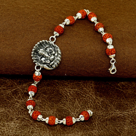 8" 925 Sterling silver customized rudraksha beaded Lord Ganesha Rakhi bracelet. best gift for your brother's of special Rakshabandhan rk07 - TRIBAL ORNAMENTS