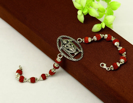 8-inch sterling silver Tirupati Balaji design bracelet with Rudraksha beads, handmade by TRIBAL ORNAMENTS, personalized gift accessory