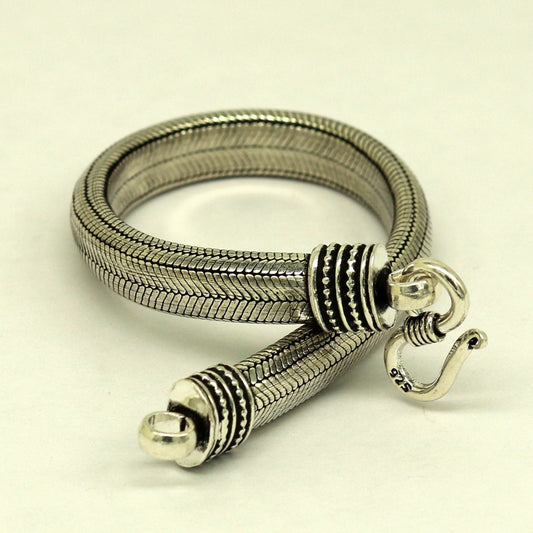 8" solid 925 sterling silver handmade snake chain heavy customized D shape half round design bracelet, personalized gifting jewelry sbr203 - TRIBAL ORNAMENTS