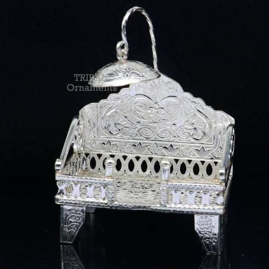 925 pure sterling silver handcrafted small singhasan, idol krishna Bal Gopala throne, god statue's stand chair, temple puja article su782 - TRIBAL ORNAMENTS