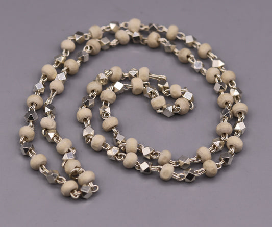 925 silver handcrafted Basil rosary beads with silver beads and necklace chain, Tulsi mala for Ayurveda and spiritual focus.