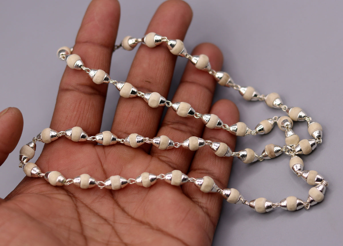 925 silver handcrafted Basil rosary necklace with tulsi plant beads, traditional Indian mala for Ayurveda, protection, and focus.