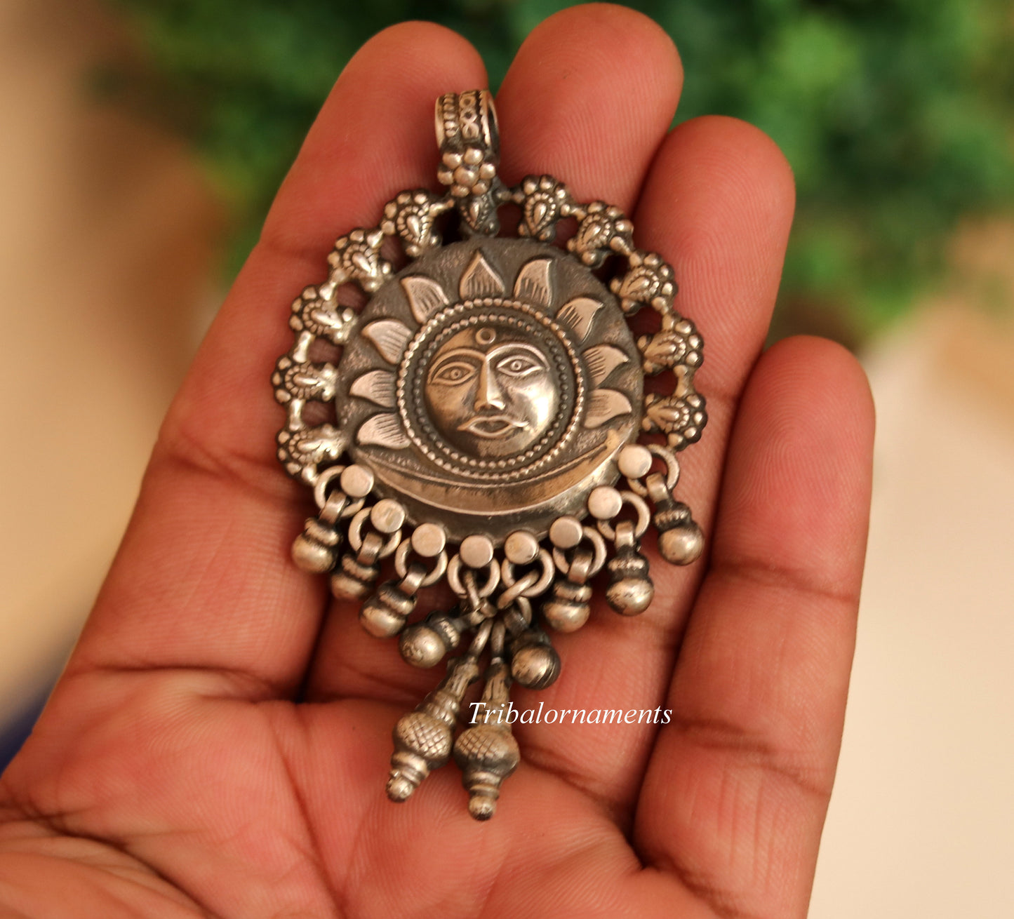 925 solid sterling silver handmade amazing sun face design customized tribal pendant necklace with fabulous hanging bells jewelry nsp362 - TRIBAL ORNAMENTS