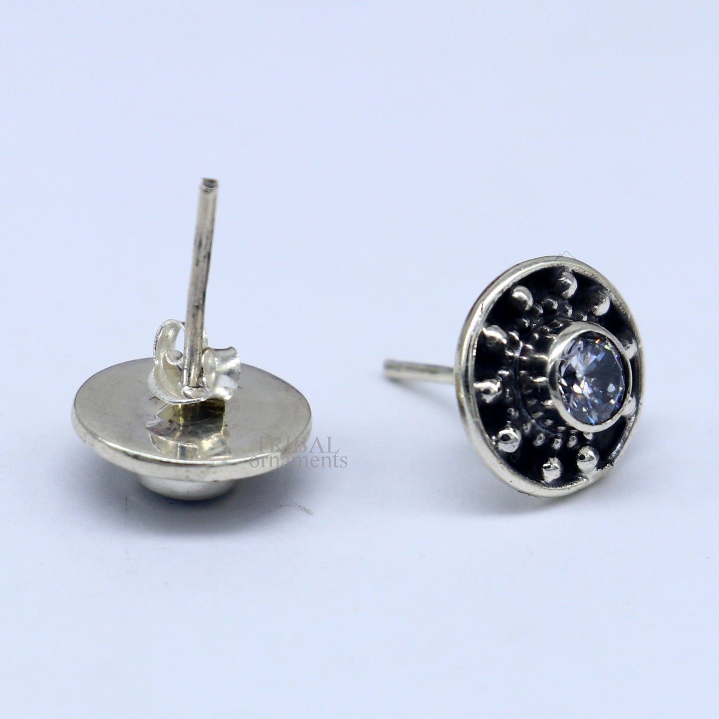 Sterling silver vintage style single CZ stone stud earring, handmade tribal jewelry from India featuring stylish, everyday wear design.
