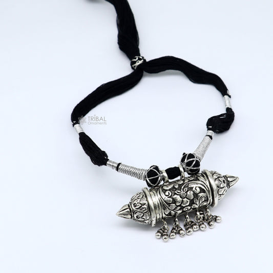 925 sterling silver tribal amulet Taviz pendant on ethnic necklace with adjustable back thread knot, cultural mantra box jewelry set.