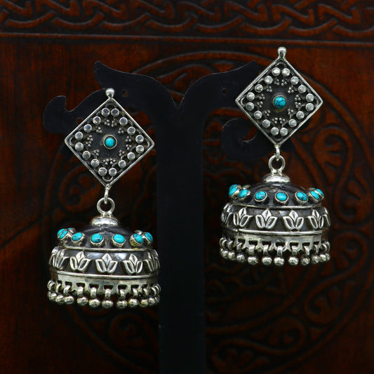 925 sterling silver chandelier stylish handmade earring jhumka, Gorgeous turquoise stone earring drop dangle, tribal ethnic earring ear740 - TRIBAL ORNAMENTS