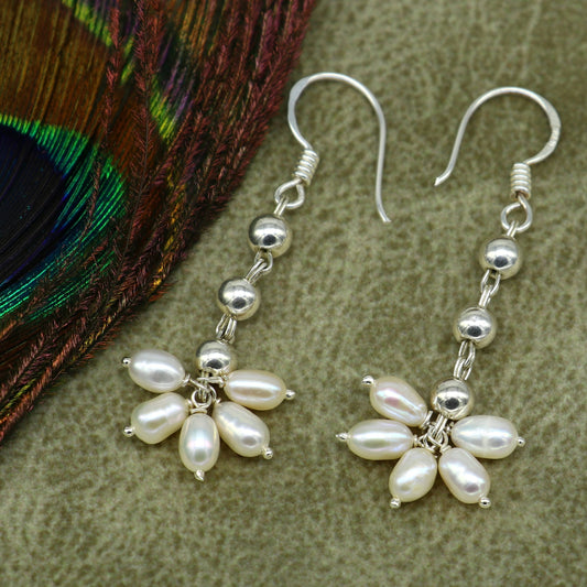 925 sterling silver custom-made hoops earring with natural white pearl drop, perfect for bridesmaids and special occasions.