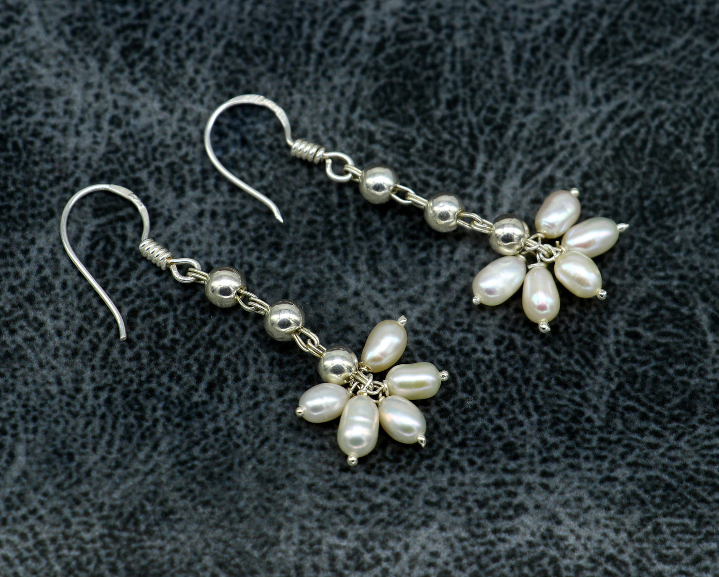 Sterling silver hoops earring with white pearl drop, custom-made bridesmaid jewelry by TRIBAL ORNAMENTS.