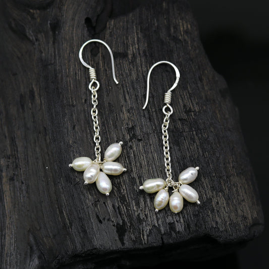 Sterling silver custom fancy hoops earrings with 4mm freshwater pearls, stylish bridal and bridesmaid jewelry by TRIBAL ORNAMENTS.