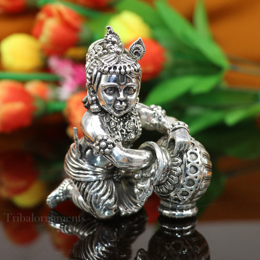 925 Sterling silver customized Idol Krishna Bal Gopal statue figurine, laddu gopal crawling Krishna sculpture, Makhan gopala statue art221 - TRIBAL ORNAMENTS