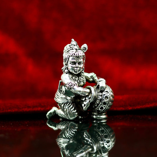 925 Sterling silver customized Idol Krishna Bal Gopal statue figurine, Makkhan Gopal sculpture home temple utensil, silver article su226 - TRIBAL ORNAMENTS
