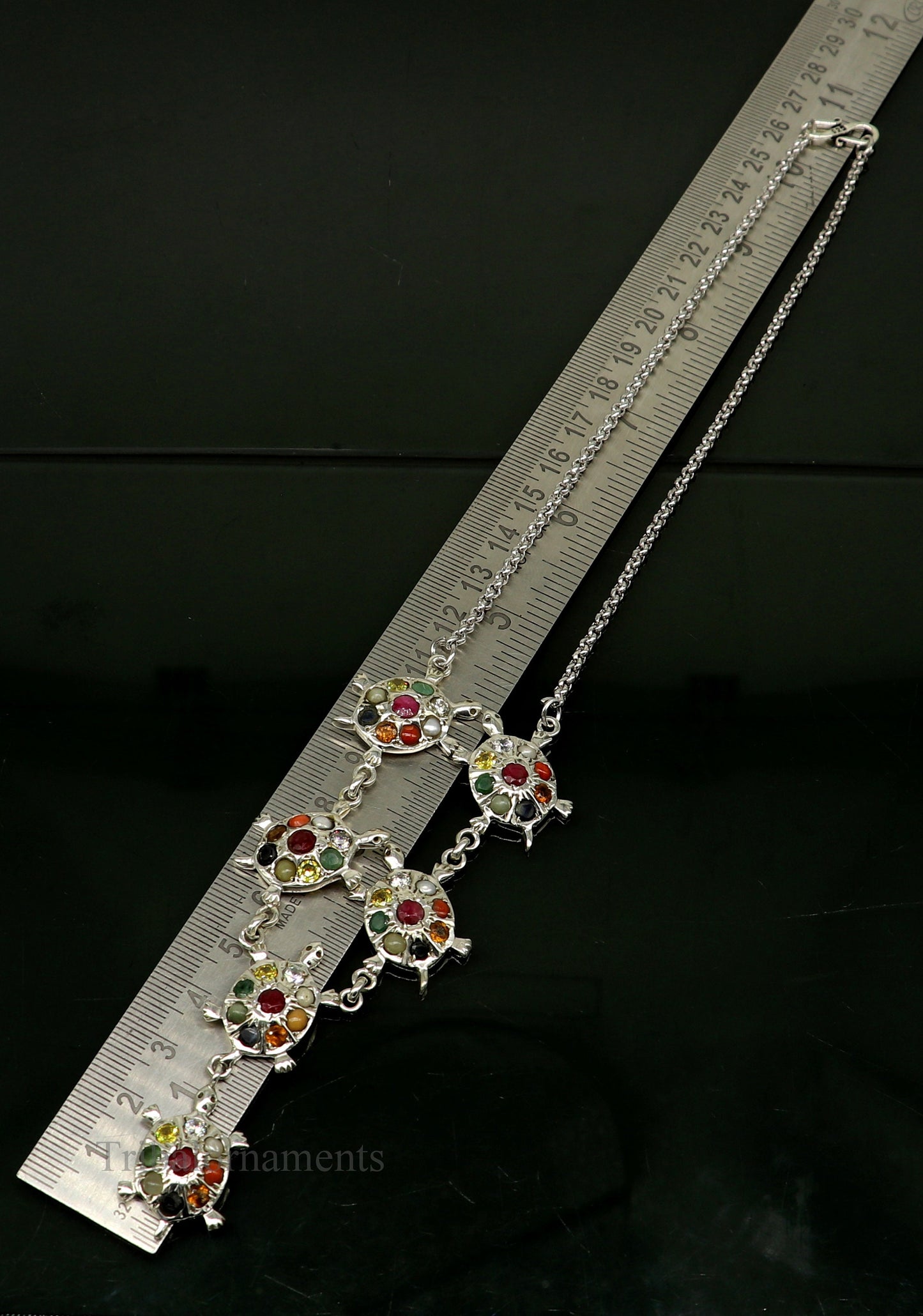 Sterling silver Navratan stone tortoise necklace featuring tribal design, stylish ethnic jewelry perfect for belly dance accessories.