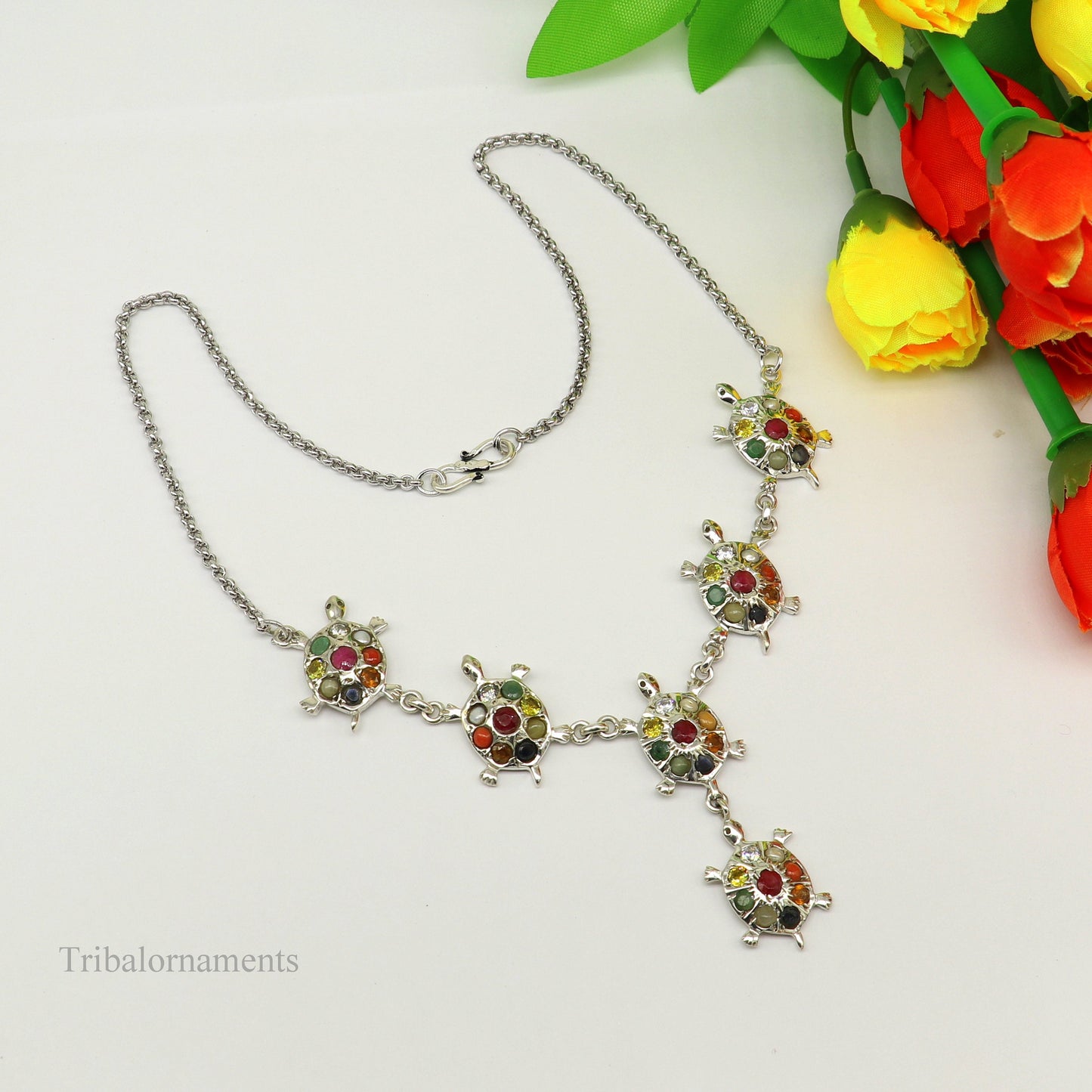 925 sterling silver customized Navratan stone tortoise design necklace, best designer stylish tribal ethnic jewelry belly dance nec263 - TRIBAL ORNAMENTS