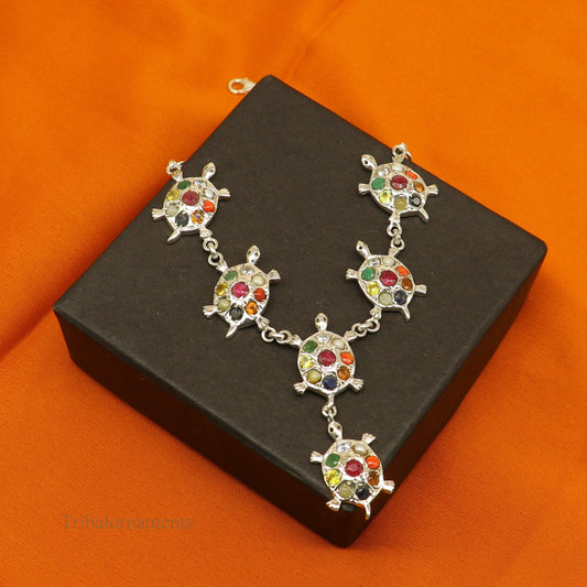 925 sterling silver Navratan stone tortoise design necklace with tribal ethnic style, handcrafted jewelry for belly dance or special occasions.