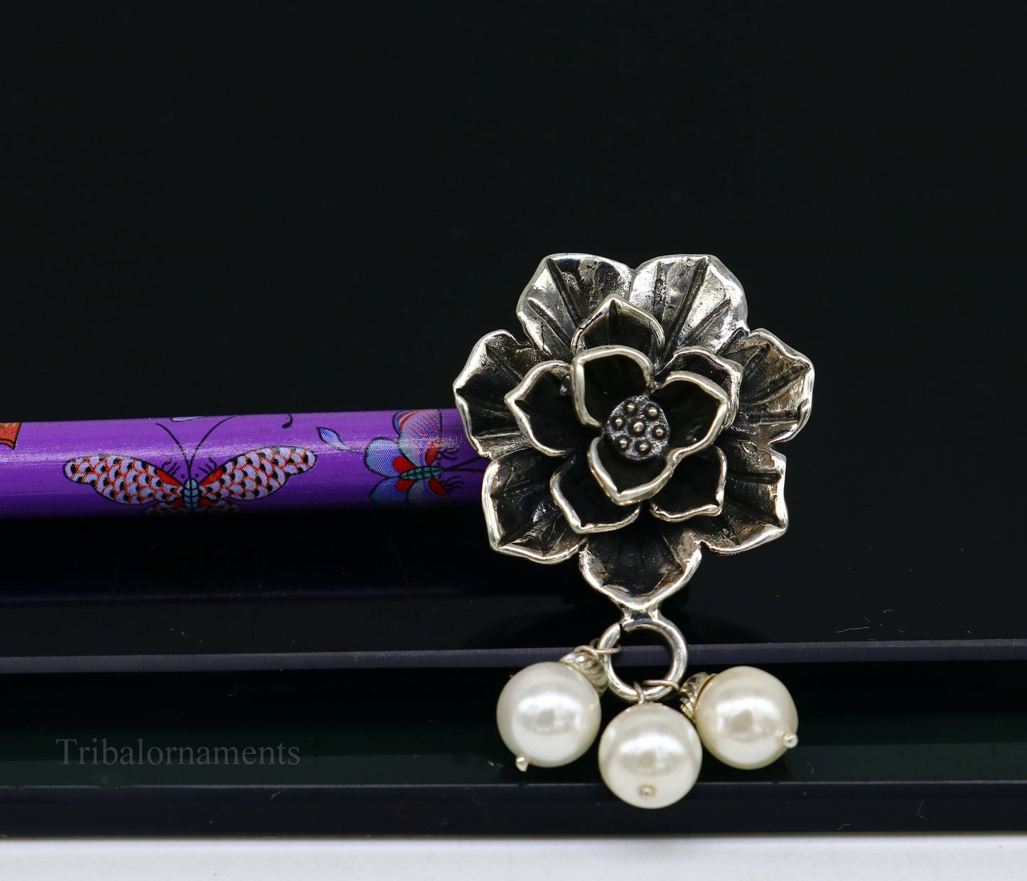 Sterling silver rose flower hair pin with wooden painted stick, tribal ornament hair jewelry perfect for brides and special occasions