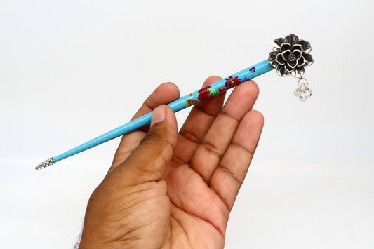 Sterling silver rose flower hair pin with wooden painted stick, floral hair jewelry ideal for brides and special occasions.