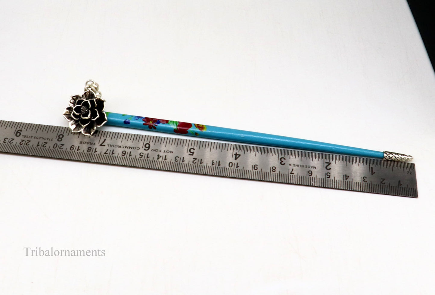 925 sterling silver rose flower hair pin with wooden painted stick, elegant bridal hair jewelry by TRIBAL ORNAMENTS.