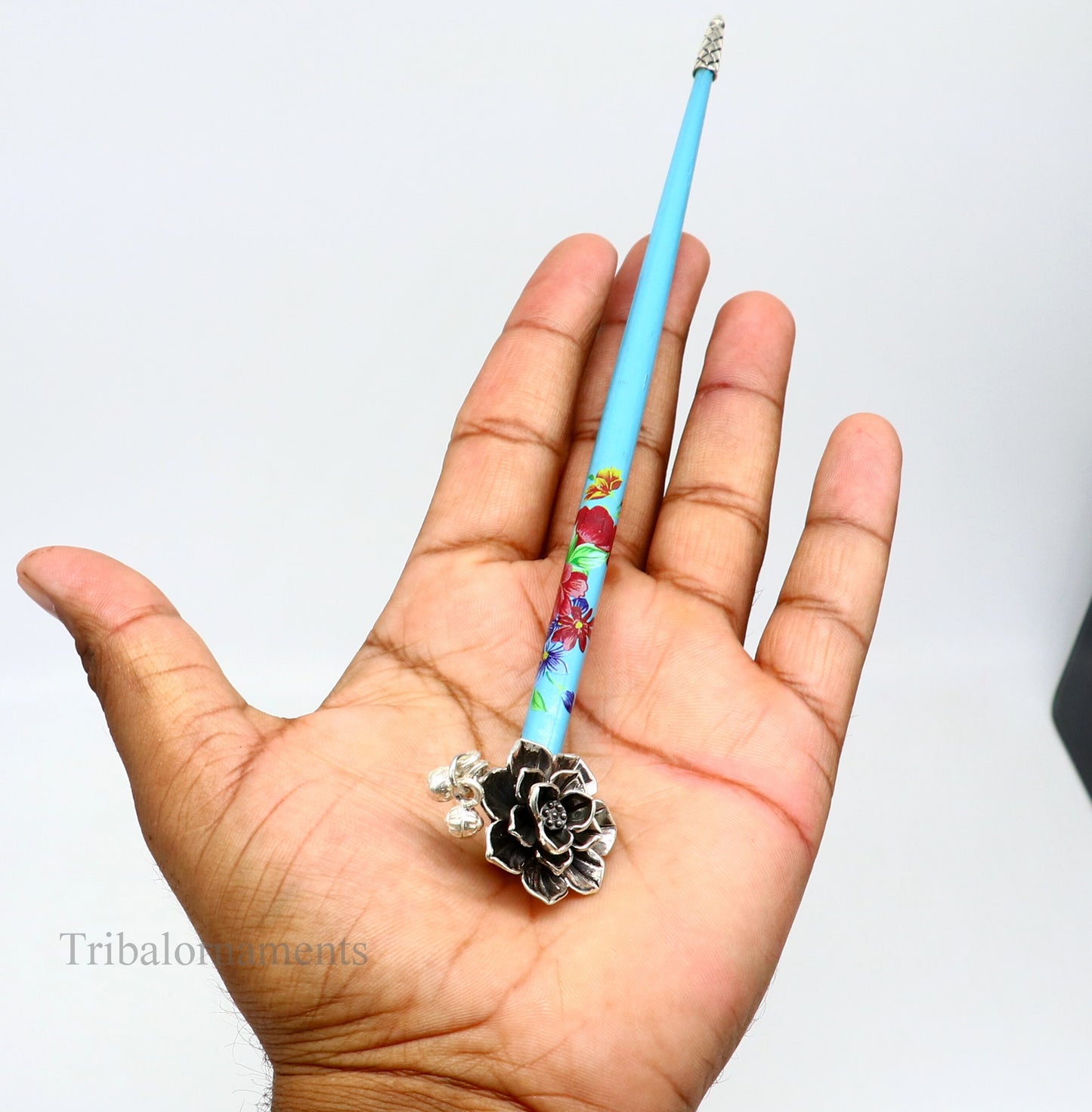 925 sterling silver customized rose flower design hair pin with wooden painted stick amazing hair jewelry brides gifting hc11 - TRIBAL ORNAMENTS