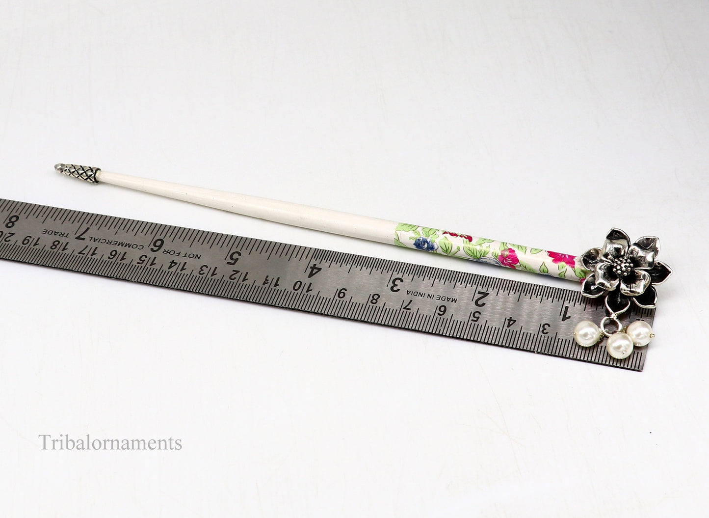 Sterling silver rose flower hair pin with a painted wooden stick, elegant hair jewelry for brides by TRIBAL ORNAMENTS.