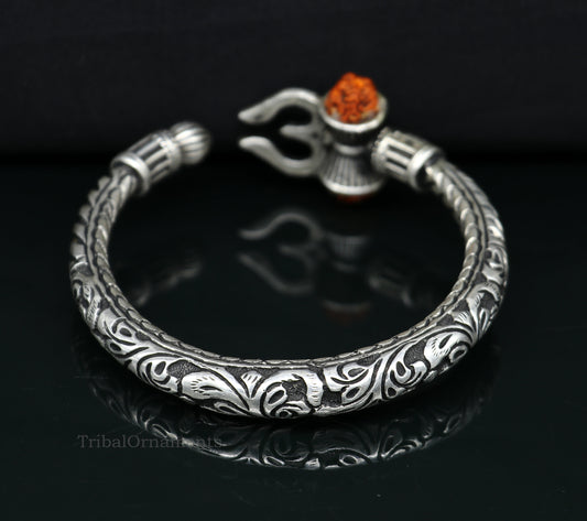 925 sterling silver customized Shiva trident Rudraksha bangle men's bracelet, excellent Nakshi work men's gifting jewelry from India nssk389 - TRIBAL ORNAMENTS