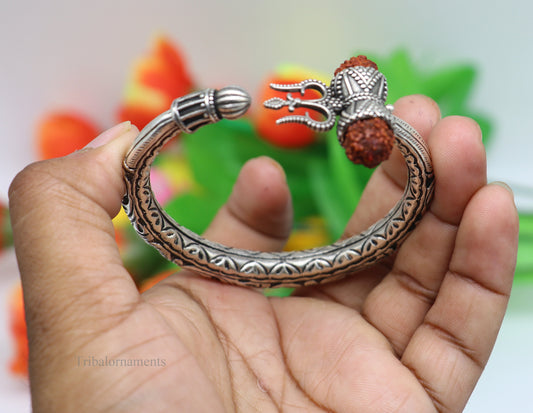 925 sterling silver customized Shiva trident stunning bangle men's bracelet, excellent Nakshi work men's gifting jewelry from India nsk264 - TRIBAL ORNAMENTS