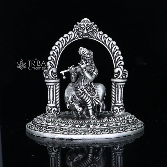925 sterling silver Exclusive divine Hindu idol Krishna with cow Pendant, amazing design stunning figurine gifting puja articles art701 - TRIBAL ORNAMENTS