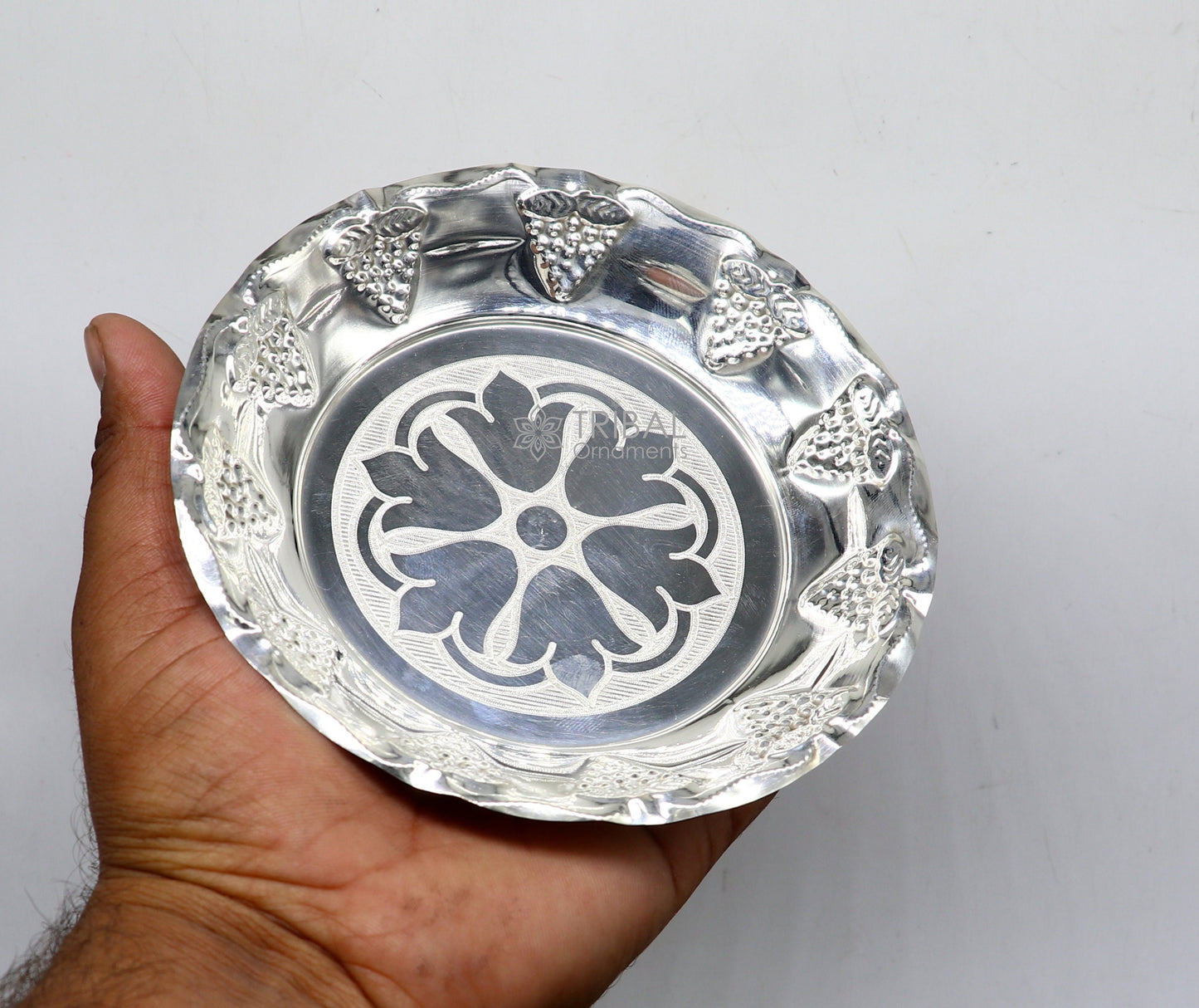 Handcrafted 925 sterling silver Puja tray with intricate design, lightweight silver utensils and silver thali for religious ceremonies.