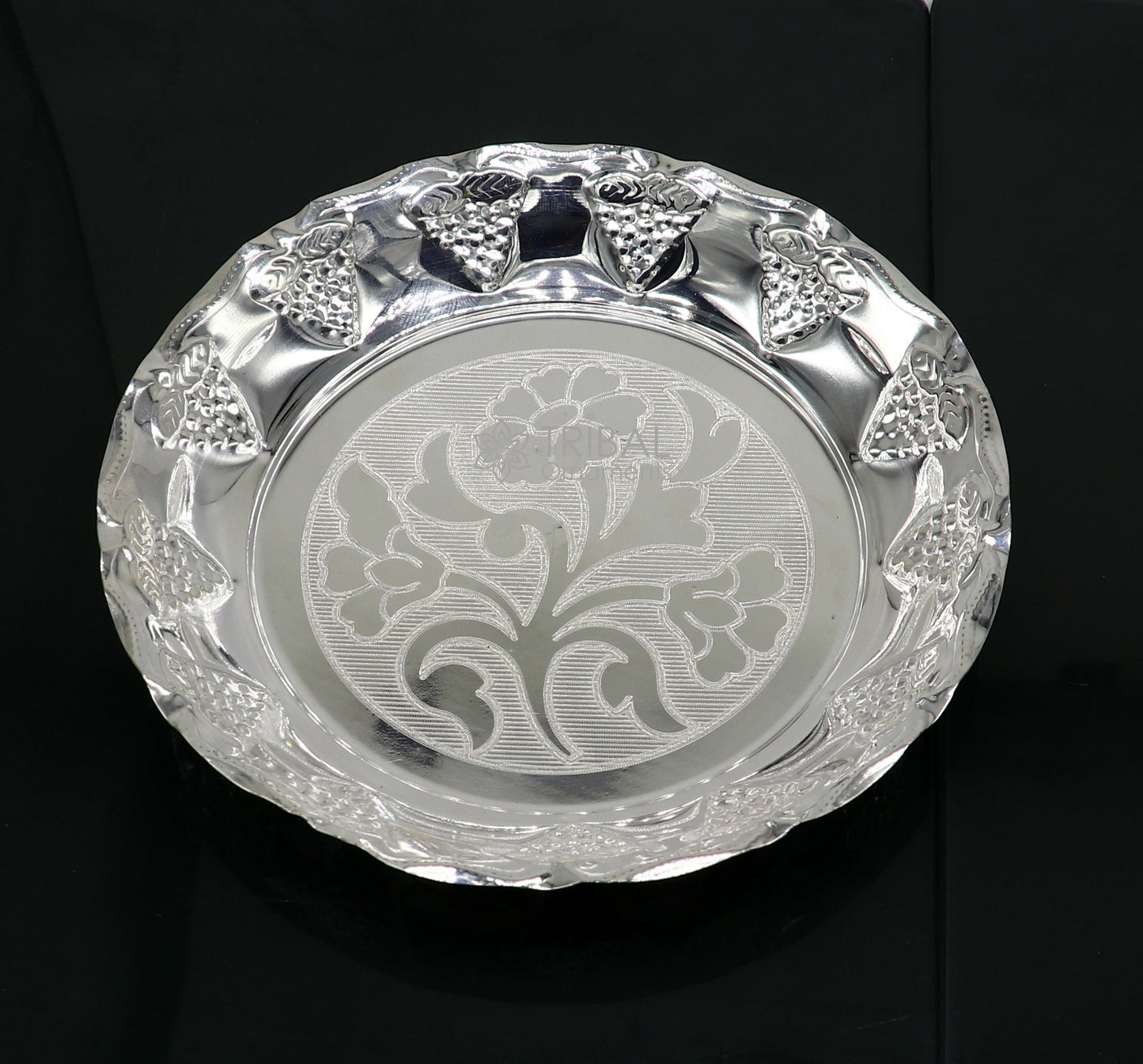 Sterling silver handcrafted puja tray with lightweight design, featuring traditional silver utensils and decorative silver thali.