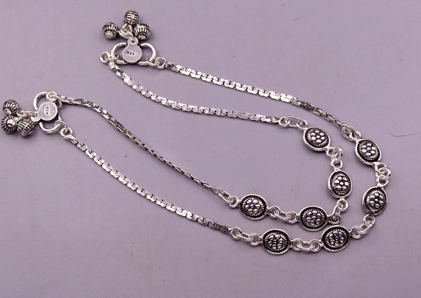 Sterling silver ankle bracelet with flower design, trendy charm feet bracelet by TRIBAL ORNAMENTS, stylish jewelry for women.