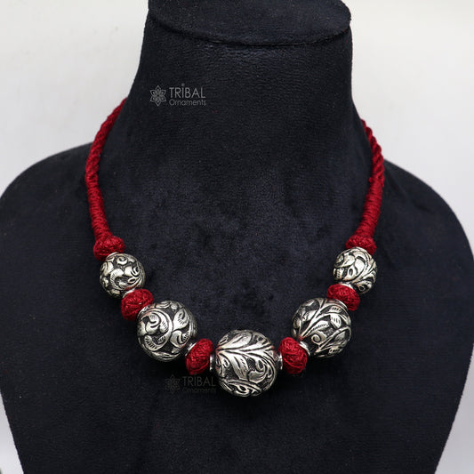 Sterling silver beaded necklace with intricate tribal design, ideal for brides, wedding, and ethnic jewelry styling.