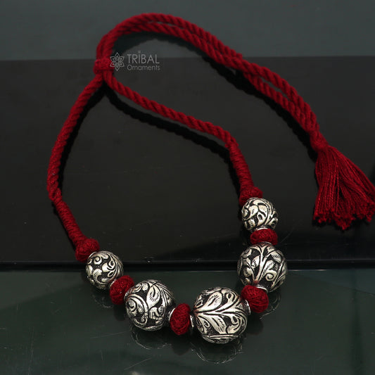 Sterling silver beaded necklace with intricate tribal design, perfect for brides and ethnic wedding jewelry sets.