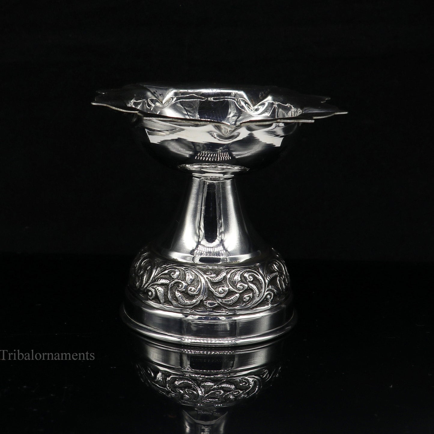 925 sterling silver gorgeous nakshi work floral design oil lamp, silver Deepak, silver temple article, puja utensils art su477 - TRIBAL ORNAMENTS