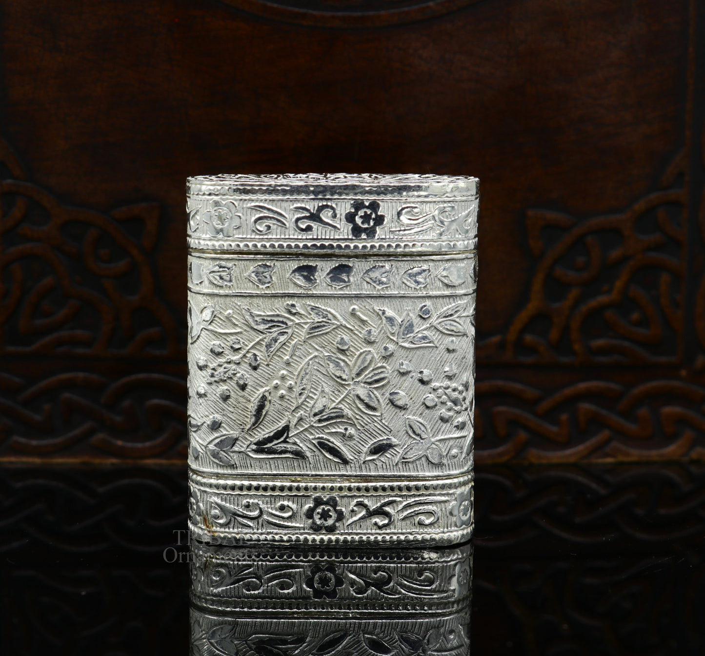 Sterling silver handcrafted floral 2-in-1 trinket and tobacco box by Tribal Ornaments, featuring detailed floral design.