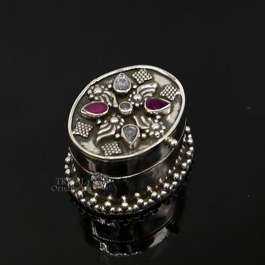 925 sterling silver handcrafted oval shape design red stone work trinket box, kajal eyeliner box, Sindur box brides gift silver box stb760 - TRIBAL ORNAMENTS