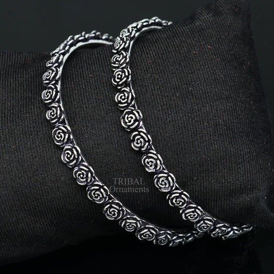 925 sterling silver handcrafted rose flower design bangles bracelet, fancy stylish gorgeous kangan tribal belly dance jewelry nba314 - TRIBAL ORNAMENTS