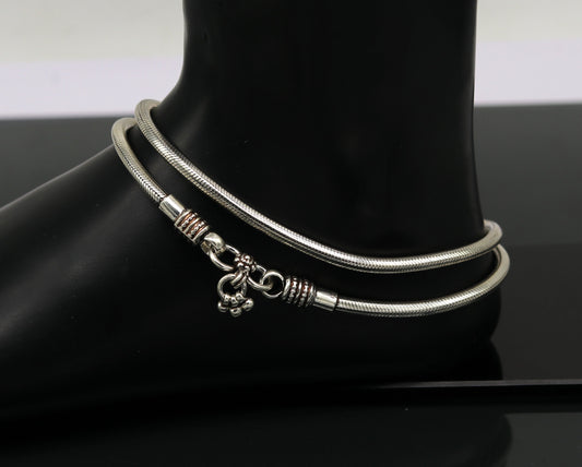 Sterling silver handmade 4mm snake chain ankle bracelet with vintage oxidized tribal charm, perfect for tribal belly dance jewelry.