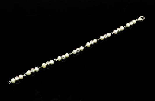 925 sterling silver handmade 5.5 mm round beads balls pearl bracelet, fabulous customized 7.5"long beaded bracelet stylish gift sbr212 - TRIBAL ORNAMENTS