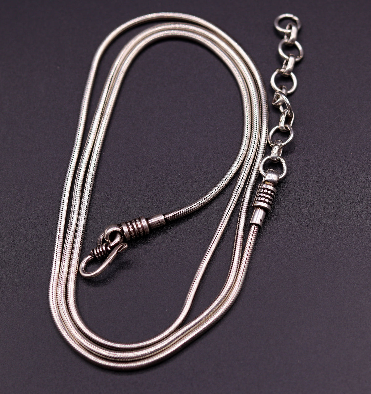 Sterling silver handmade adjustable snake chain belly chain, vintage antique design, 36-38 inches, ideal for belly dance accessories.