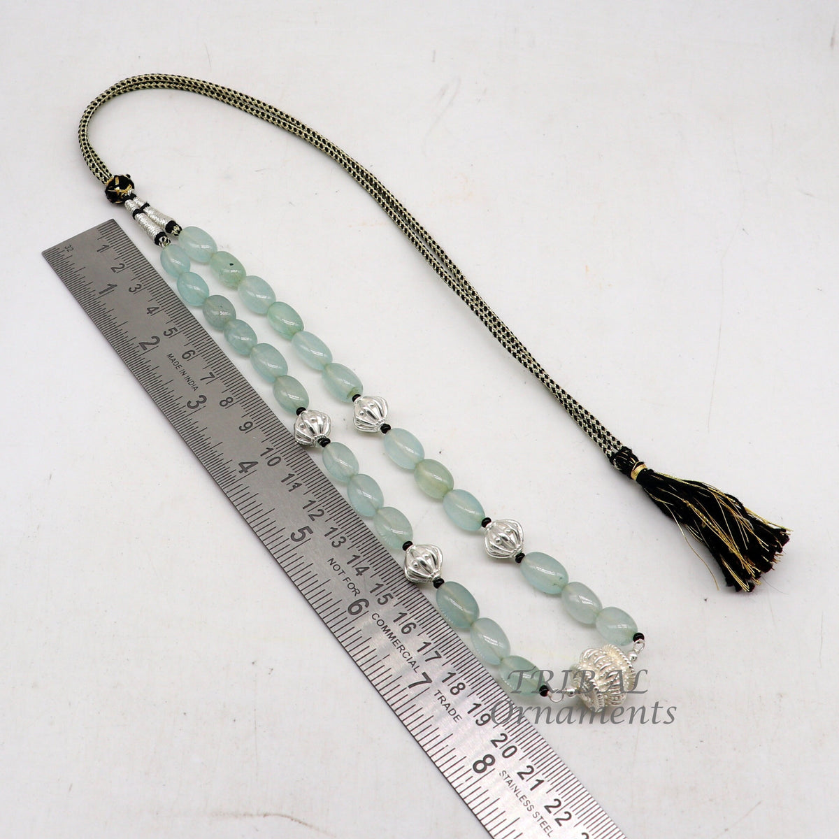 Sterling silver necklace with aqua quartz beads and silver accents, handmade party jewelry by TRIBAL ORNAMENTS.