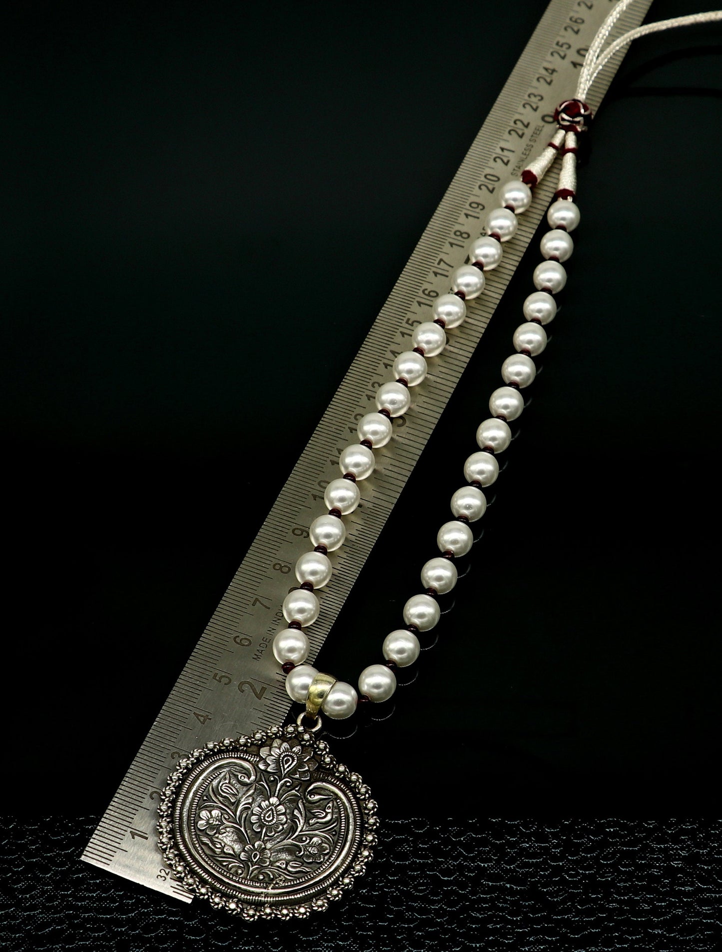 Sterling silver floral pendant with 8mm pearl on tribal necklace, ideal for wedding or bridal gift set by Tribal Ornaments.