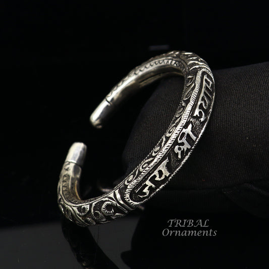 925 Sterling silver handmade chitai work "jai shree shyam" lord krishna mantra bracelet kada best divine unisex tribal ethnic jewelry nsk585 - TRIBAL ORNAMENTS