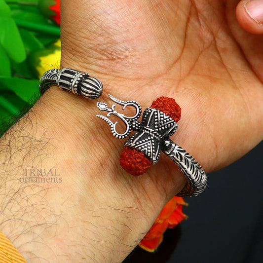 925 Sterling silver handmade chitai work Lord Shiva trident trishul kada bangle bracelet with natural Rudraksha bahubali kada nsk458 - TRIBAL ORNAMENTS