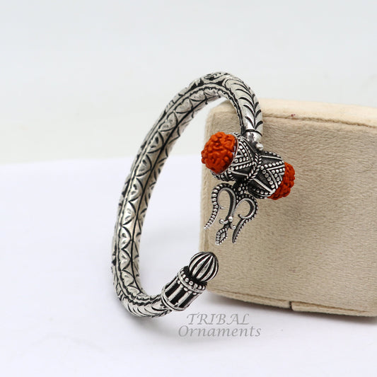 925 Sterling silver handmade chitai work Lord Shiva trident trishul kada bangle bracelet with natural Rudraksha customized kada nsk419 - TRIBAL ORNAMENTS