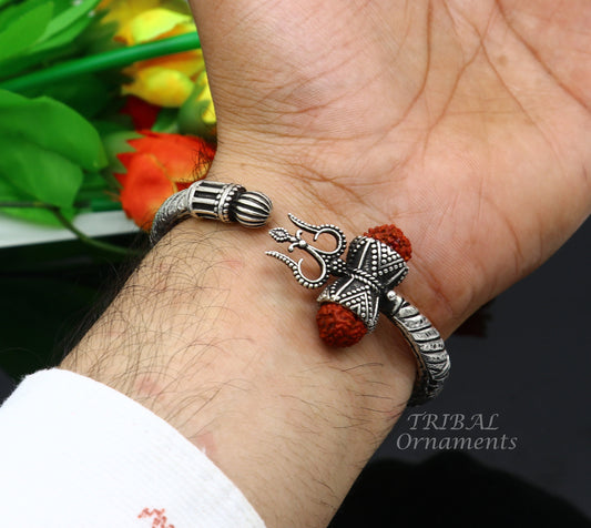 925 Sterling silver handmade chitai work Lord Shiva trident trishul kada bangle bracelet with natural Rudraksha customized kada nsk513 - TRIBAL ORNAMENTS