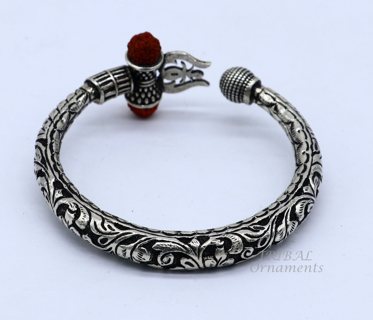 925 Sterling silver handmade chitai work Lord Shiva trident trishul kada bangle bracelet with natural Rudraksha customized kada nsk514 - TRIBAL ORNAMENTS