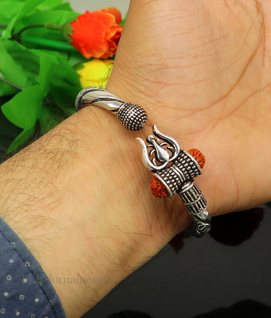 925 Sterling silver handmade chitai work Lord Shiva trident trishul kada bangle bracelet with natural Rudraksha customized kada nssk470 - TRIBAL ORNAMENTS