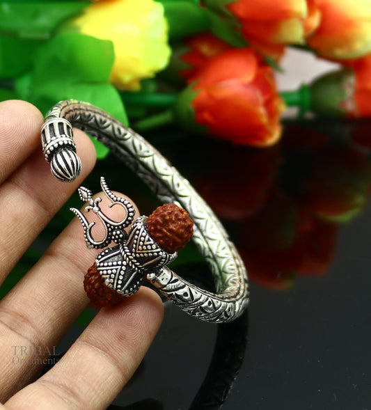 925 Sterling silver handmade chitai work Lord Shiva trident trishul kada bangle bracelet with Rudraksha beads customized kada bangle nsk423 - TRIBAL ORNAMENTS