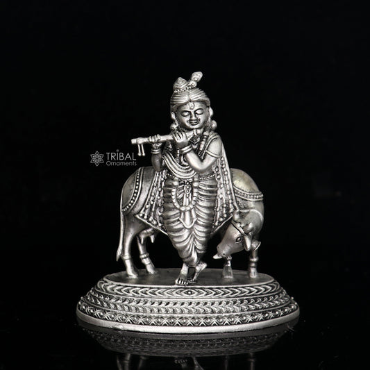 925 Sterling silver handmade design Indian Idols Lord krishna with cow & flute statue figurine, puja articles decorative diwali puja art682 - TRIBAL ORNAMENTS